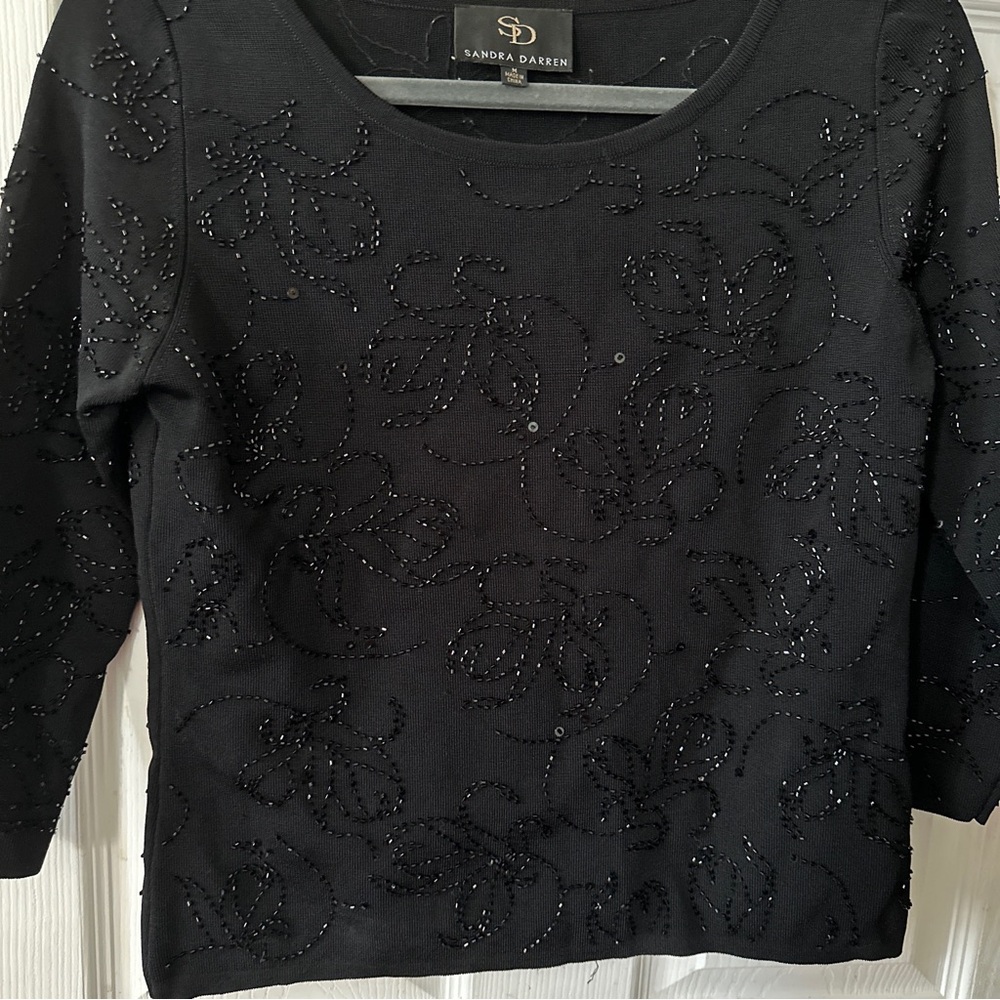 Sandra Darren Beaded Sweater 3/4 Sleeve Black Medium Boatneck - Picture 2 of 6